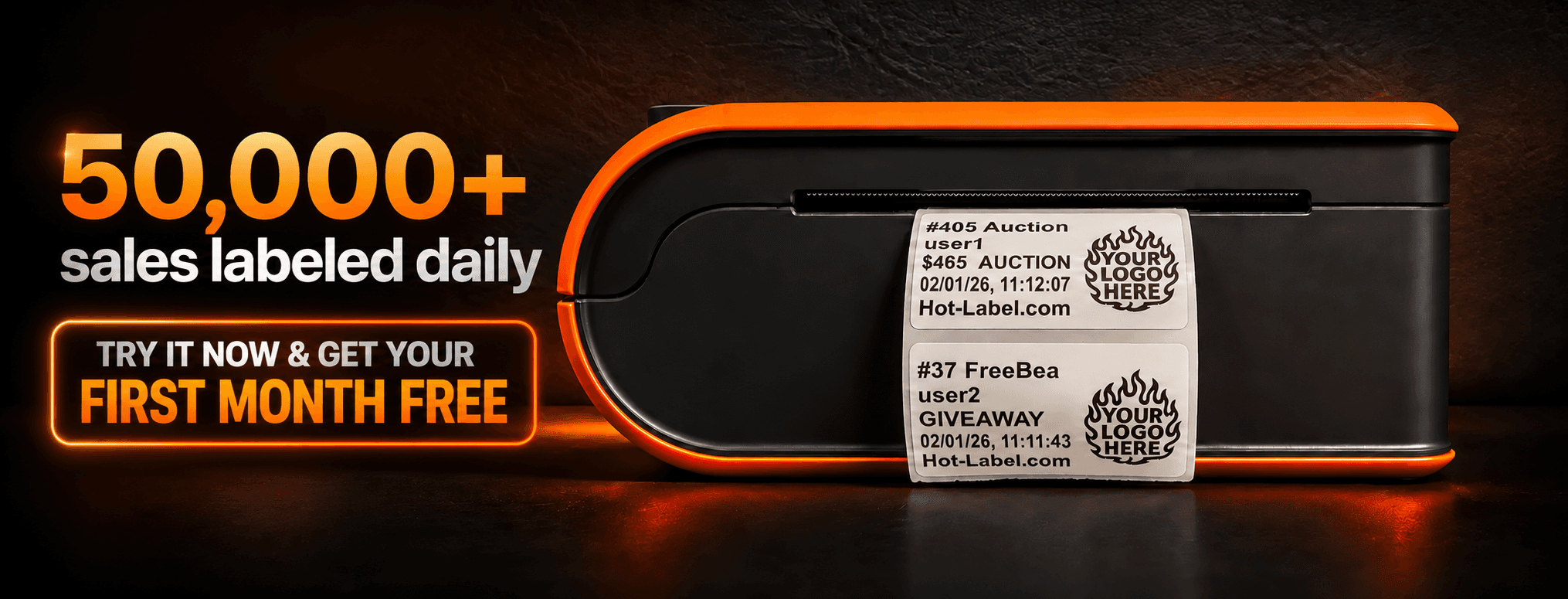 Hot-Label thermal printer automatically printing sales labels — 50,000+ sales labeled daily. Try it now and get your first month free.